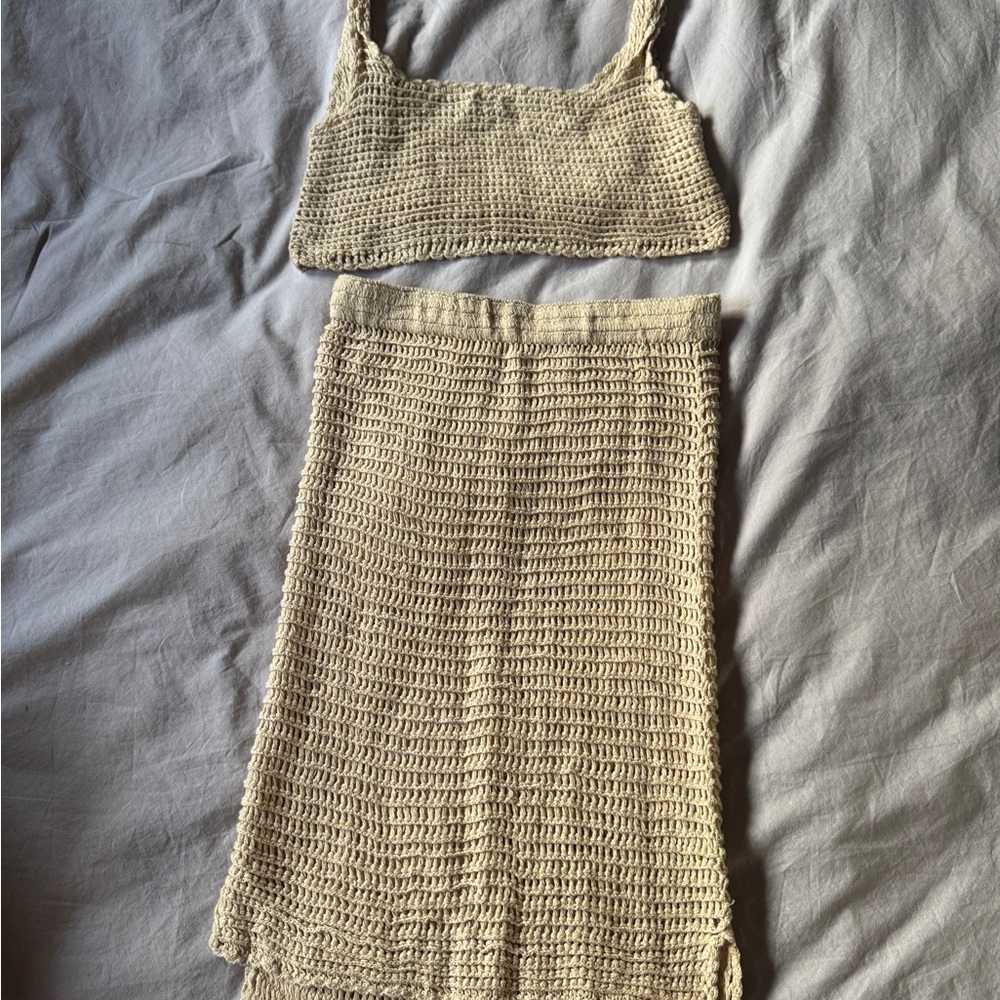 Flook - Beige Crochet Top and Skirt Set, Small bottom + Medium Top